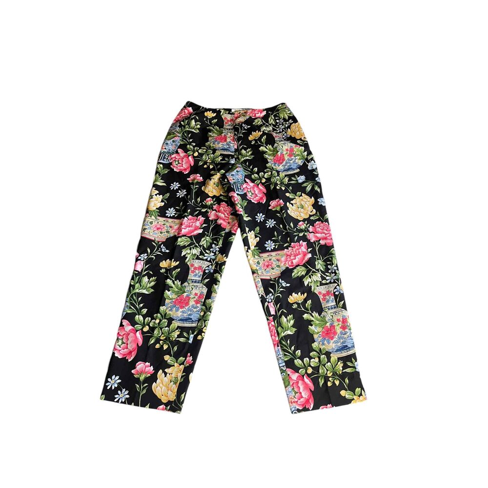 Talbots Womens Black Chinoiserie Floral Vintage Lined Side Zip Pants Size 10